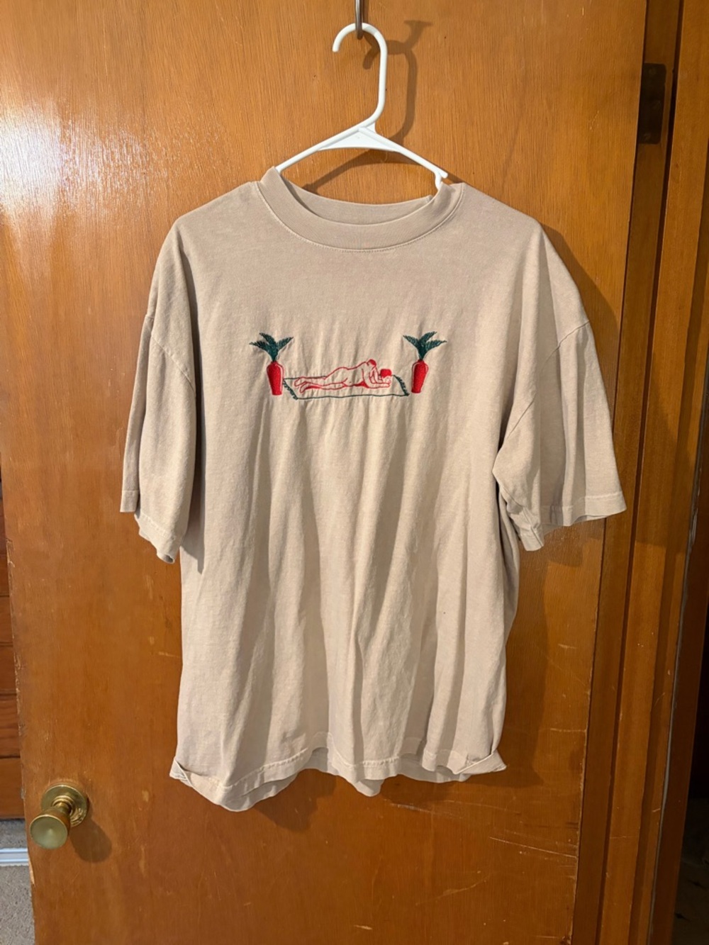 Beige Graphic Tee with Red Palm Embroidery